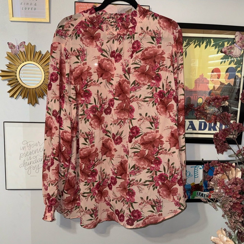 Chiffon Smocked Mock Neck Blouse